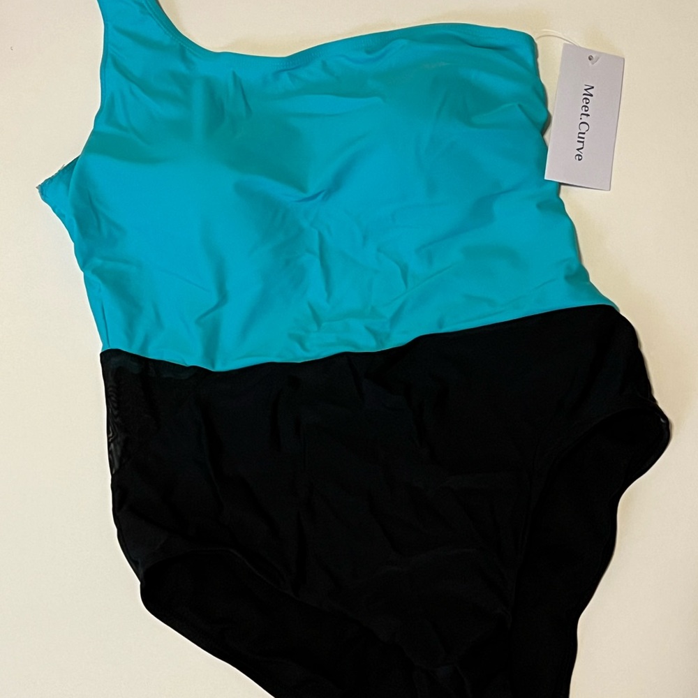Teal and Black One-Shoulder Swimsuit